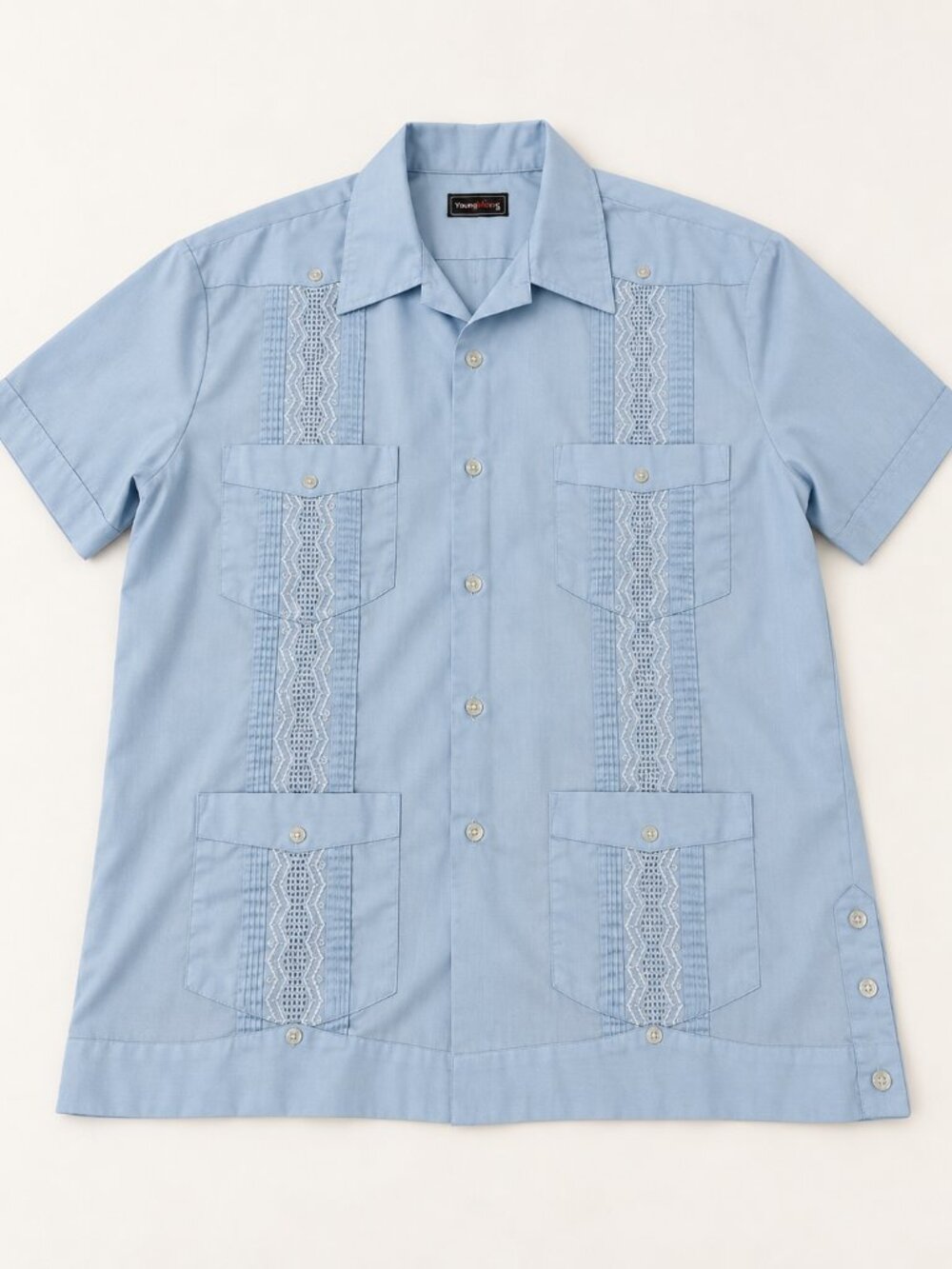 Vintage Youngbloods Blue Guayabera Shirt Men Approx XL 4 Pocket Tonal Lace